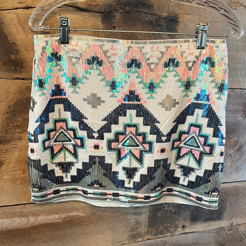Express Sequin Pencil Mini Skirt in Cream and Blue